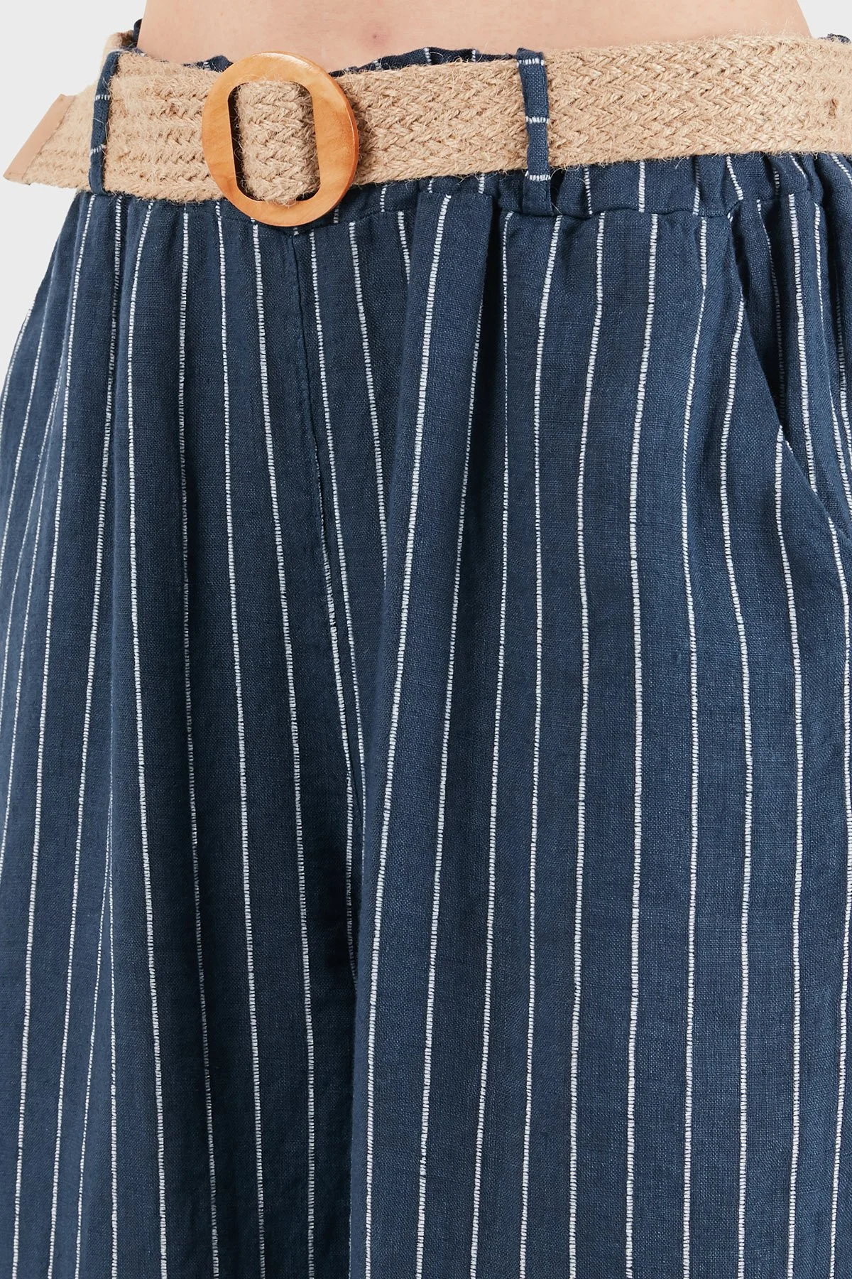 Via Dante Çizgili Relaxed Fit Yüksek Bel Bol Paça Keten Kadın Pantolon 5056RN LACİVERT - 7