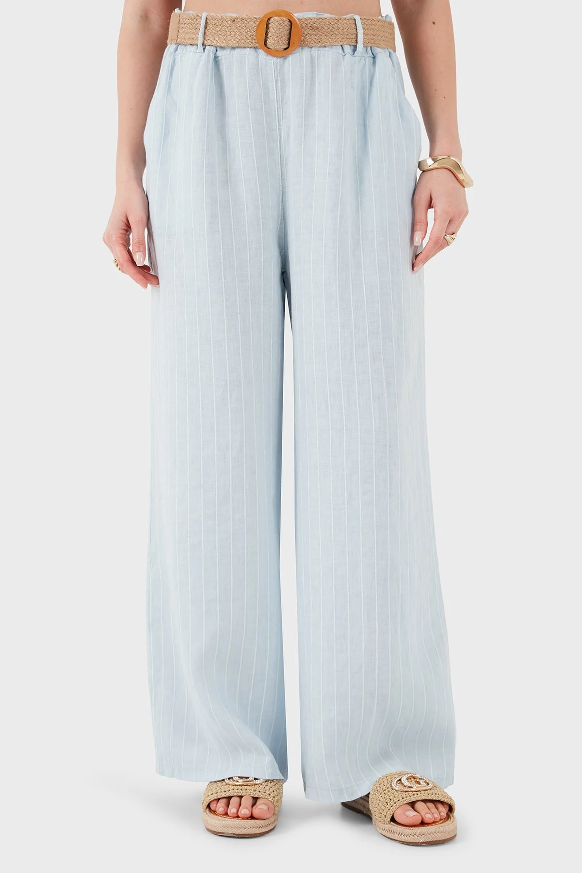 Via Dante Çizgili Relaxed Fit Yüksek Bel Bol Paça Keten Kadın Pantolon 5056RN MAVİ - 2