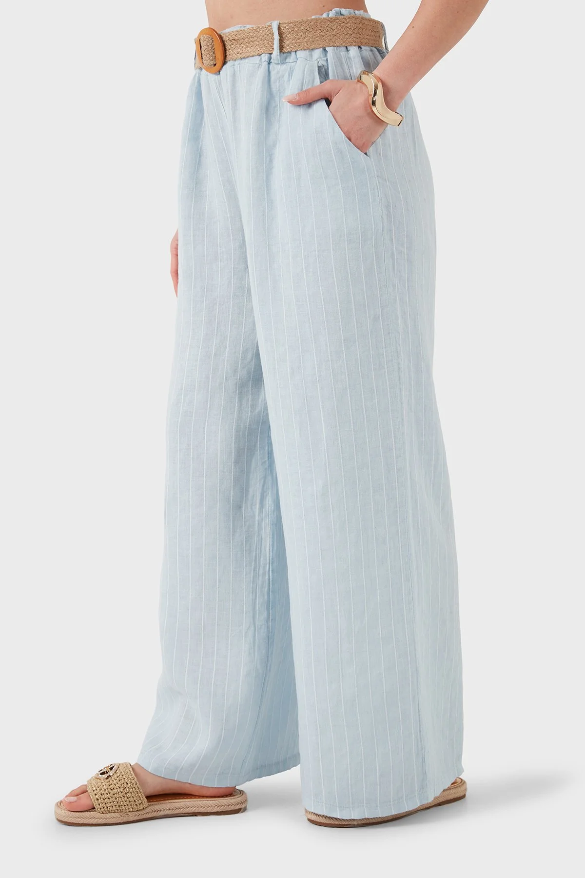 Via Dante Çizgili Relaxed Fit Yüksek Bel Bol Paça Keten Kadın Pantolon 5056RN MAVİ - 5