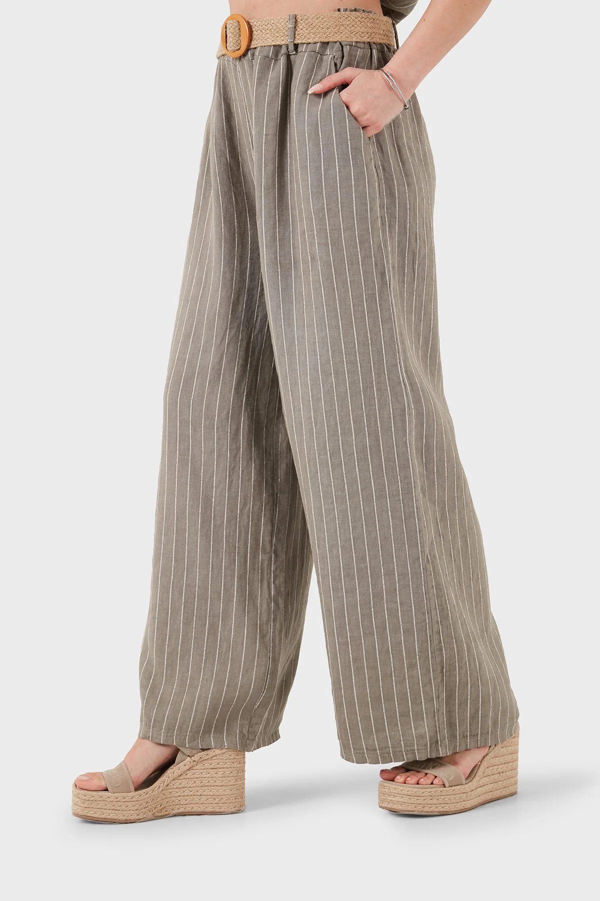 Via Dante Çizgili Relaxed Fit Yüksek Bel Bol Paça Keten Kadın Pantolon 5056RN TOPRAK - 6