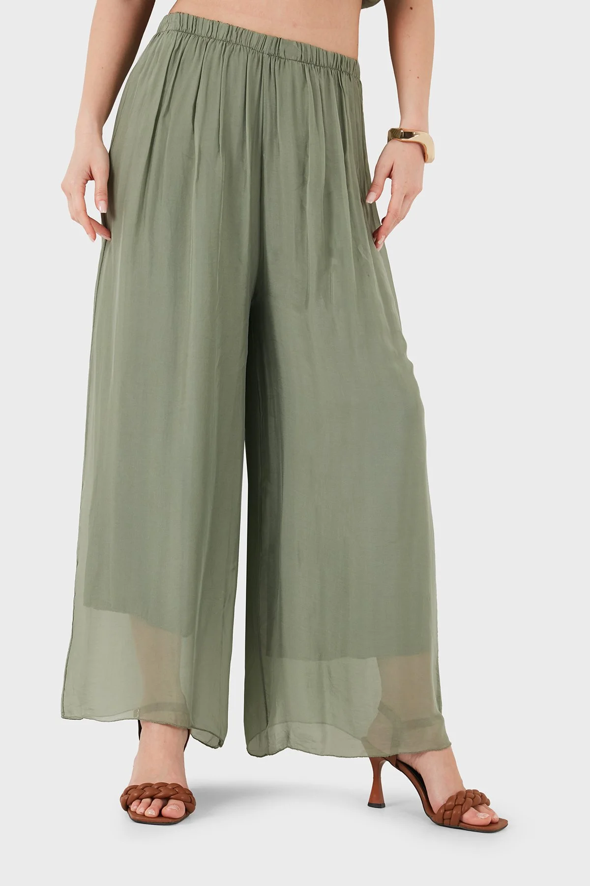 Via Dante İpek Karışımlı Relaxed Fit Dökümlü Bol Paça Kadın Pantolon 690O15 HAKİ - 4