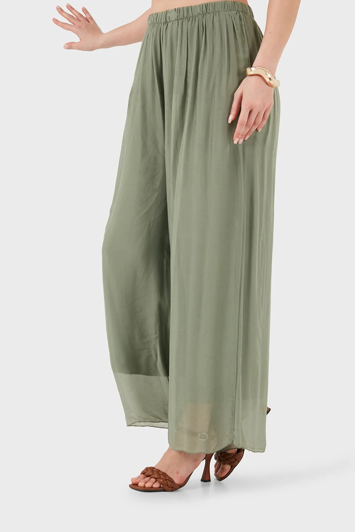 Via Dante İpek Karışımlı Relaxed Fit Dökümlü Bol Paça Kadın Pantolon 690O15 HAKİ - 5