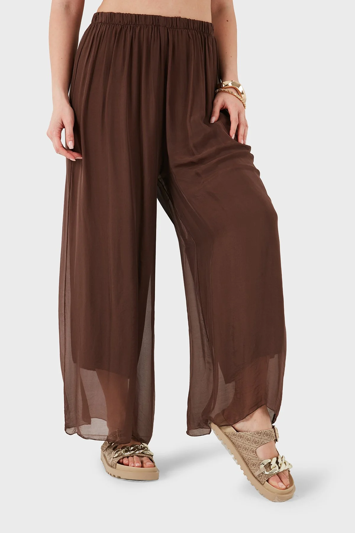 Via Dante İpek Karışımlı Relaxed Fit Dökümlü Bol Paça Kadın Pantolon 690O15 KAHVE - 4