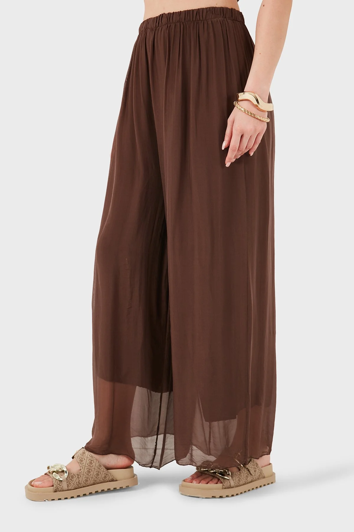Via Dante İpek Karışımlı Relaxed Fit Dökümlü Bol Paça Kadın Pantolon 690O15 KAHVE - 5