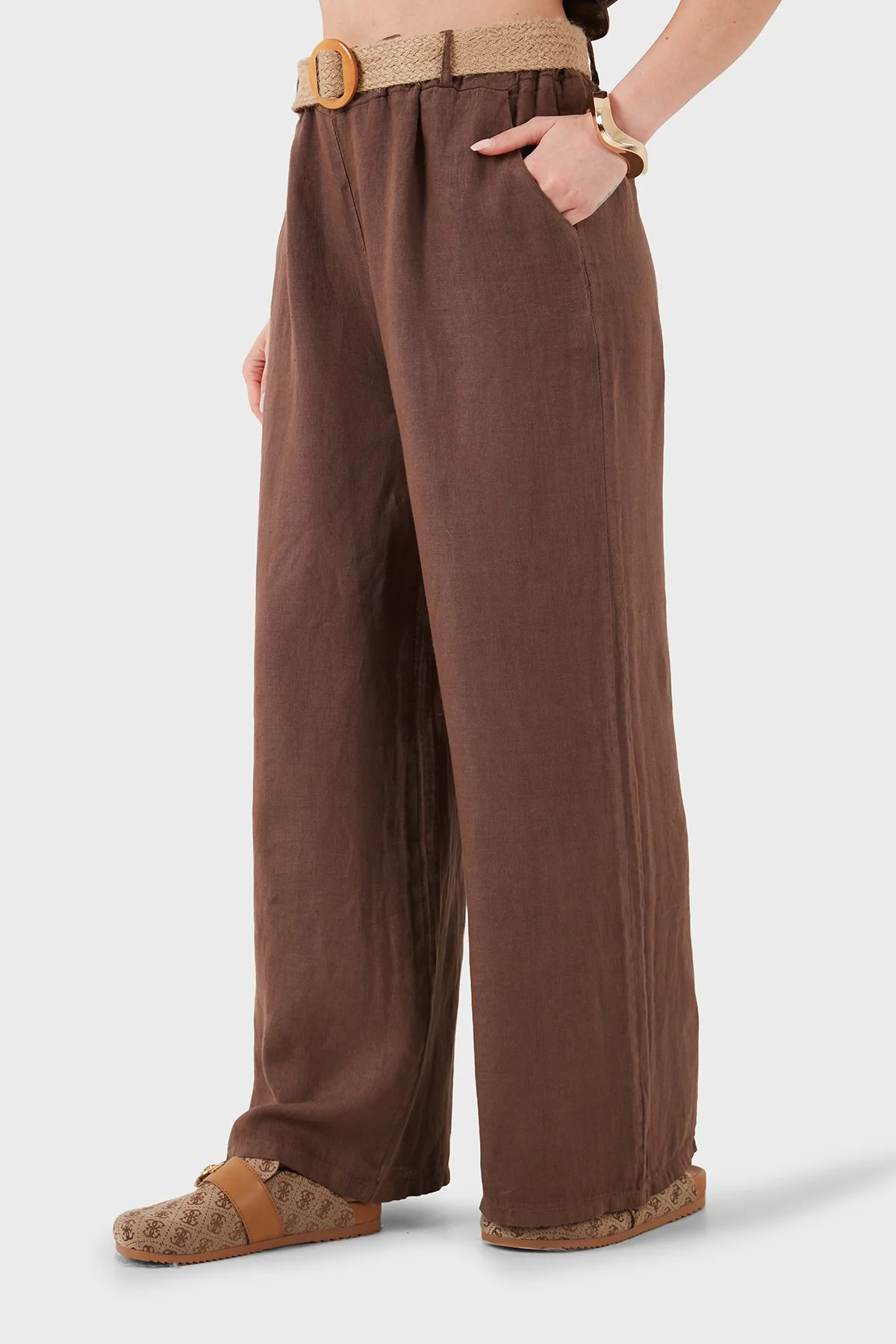 Via Dante Kemer Detaylı Yüksek Bel Bol Paça Keten Kadın Pantolon 25056609 KAHVE - 6