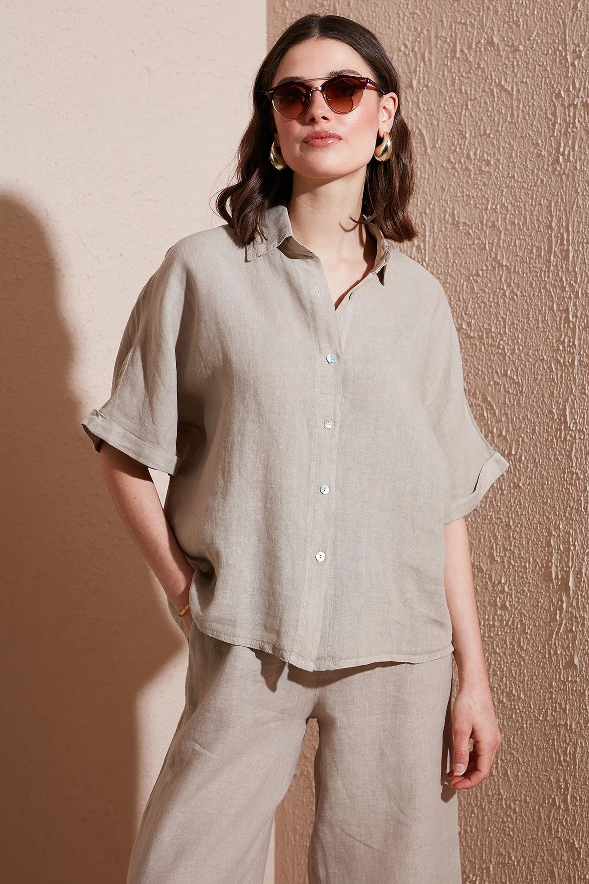 Via Dante Keten Regular Fit Kısa Kollu Bayan Gömlek 5028687 TAŞ - 1