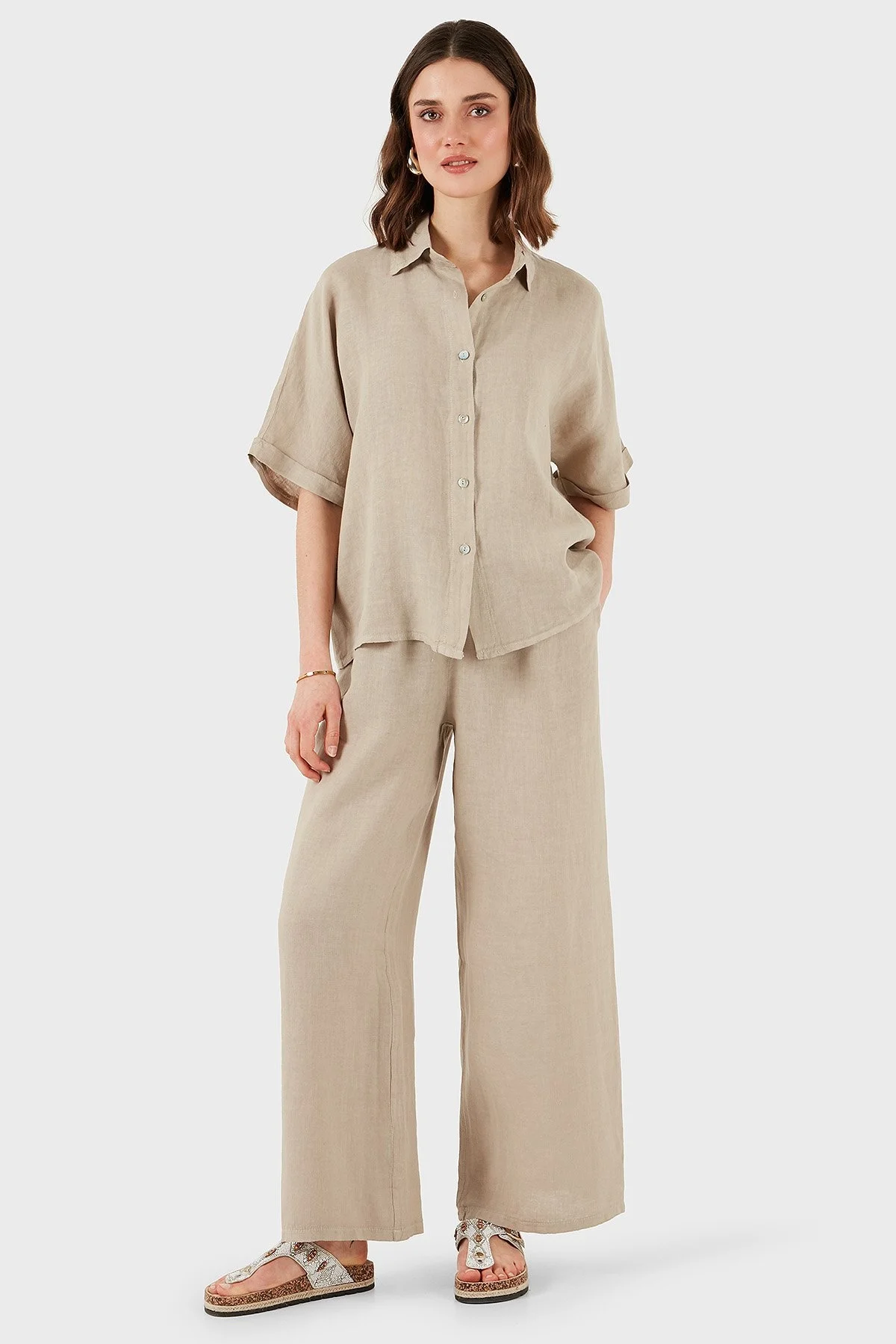 Via Dante Keten Regular Fit Kısa Kollu Bayan Gömlek 5028687 TAŞ - 4