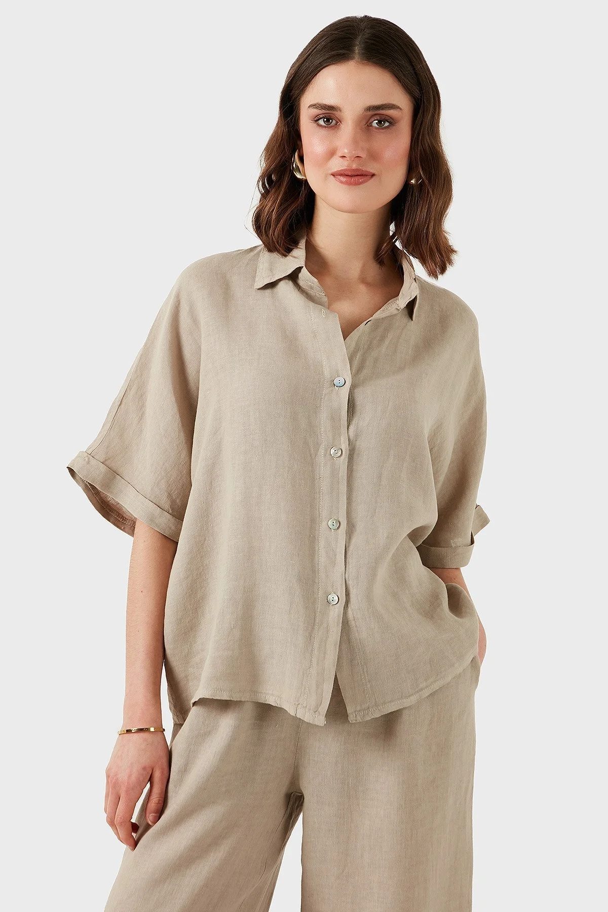 Via Dante Keten Regular Fit Kısa Kollu Bayan Gömlek 5028687 TAŞ - 5