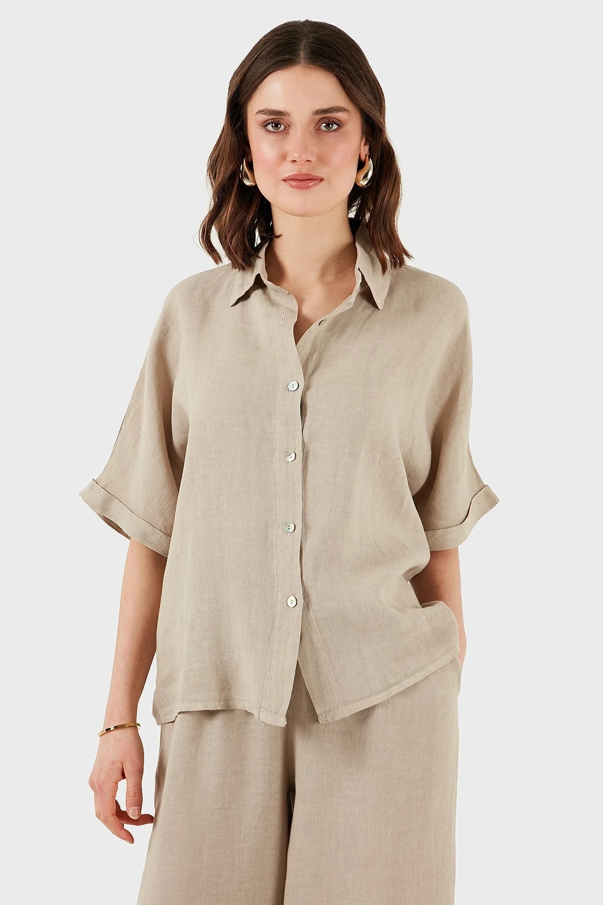 Via Dante Keten Regular Fit Kısa Kollu Bayan Gömlek 5028687 TAŞ - 6