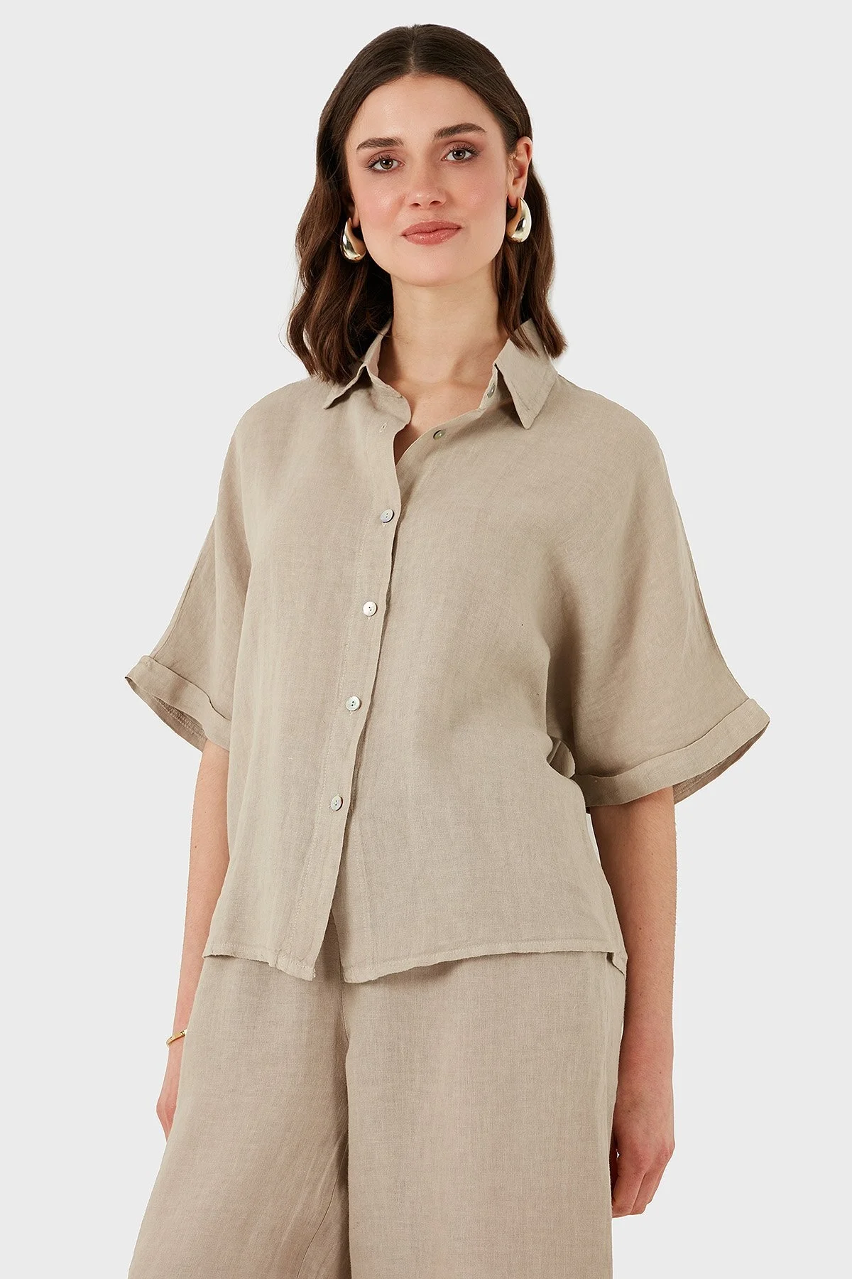 Via Dante Keten Regular Fit Kısa Kollu Bayan Gömlek 5028687 TAŞ - 7