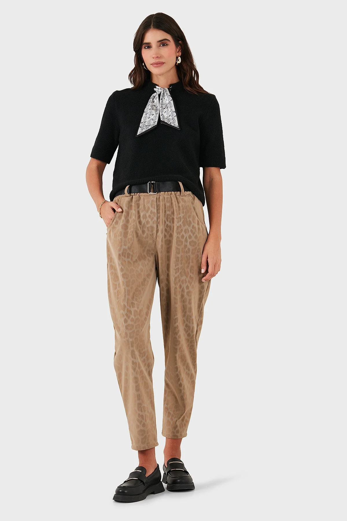 Via Dante Leopar Desenli Kemer Detaylı Relaxed Fit Yüksek Bel Bayan Pantolon 6888600 BEJ - 1