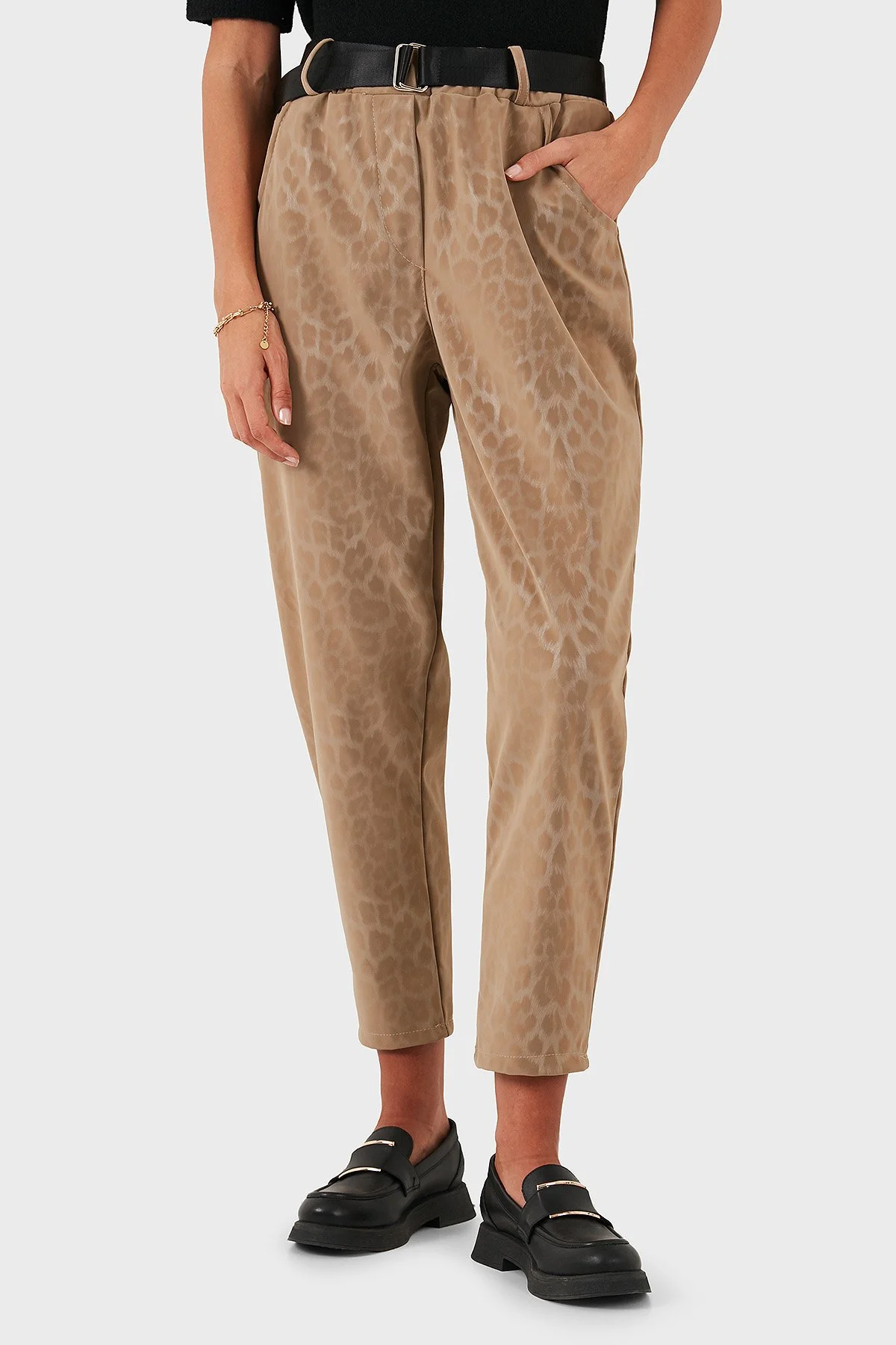 Via Dante Leopar Desenli Kemer Detaylı Relaxed Fit Yüksek Bel Bayan Pantolon 6888600 BEJ - 2
