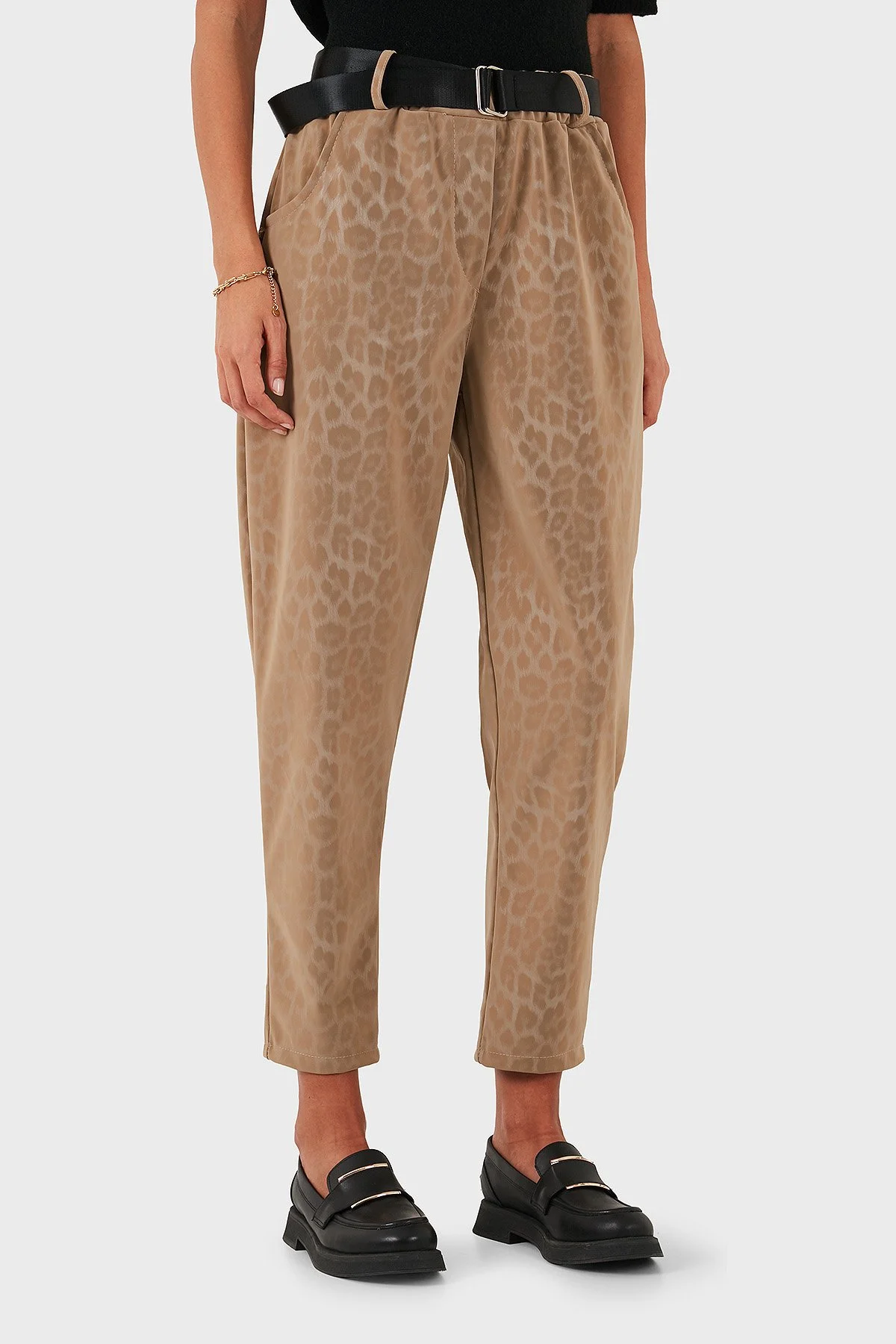 Via Dante Leopar Desenli Kemer Detaylı Relaxed Fit Yüksek Bel Bayan Pantolon 6888600 BEJ - 4