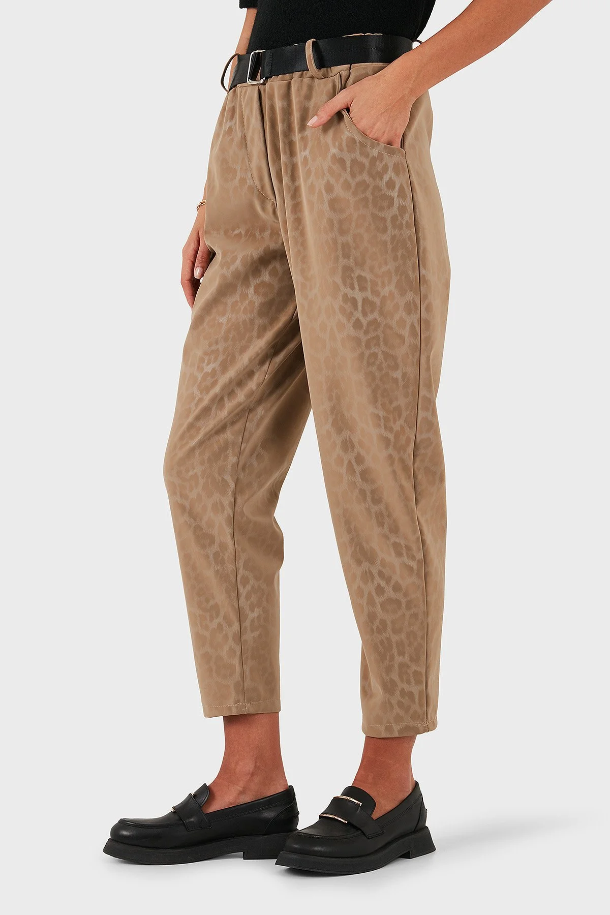 Via Dante Leopar Desenli Kemer Detaylı Relaxed Fit Yüksek Bel Bayan Pantolon 6888600 BEJ - 5