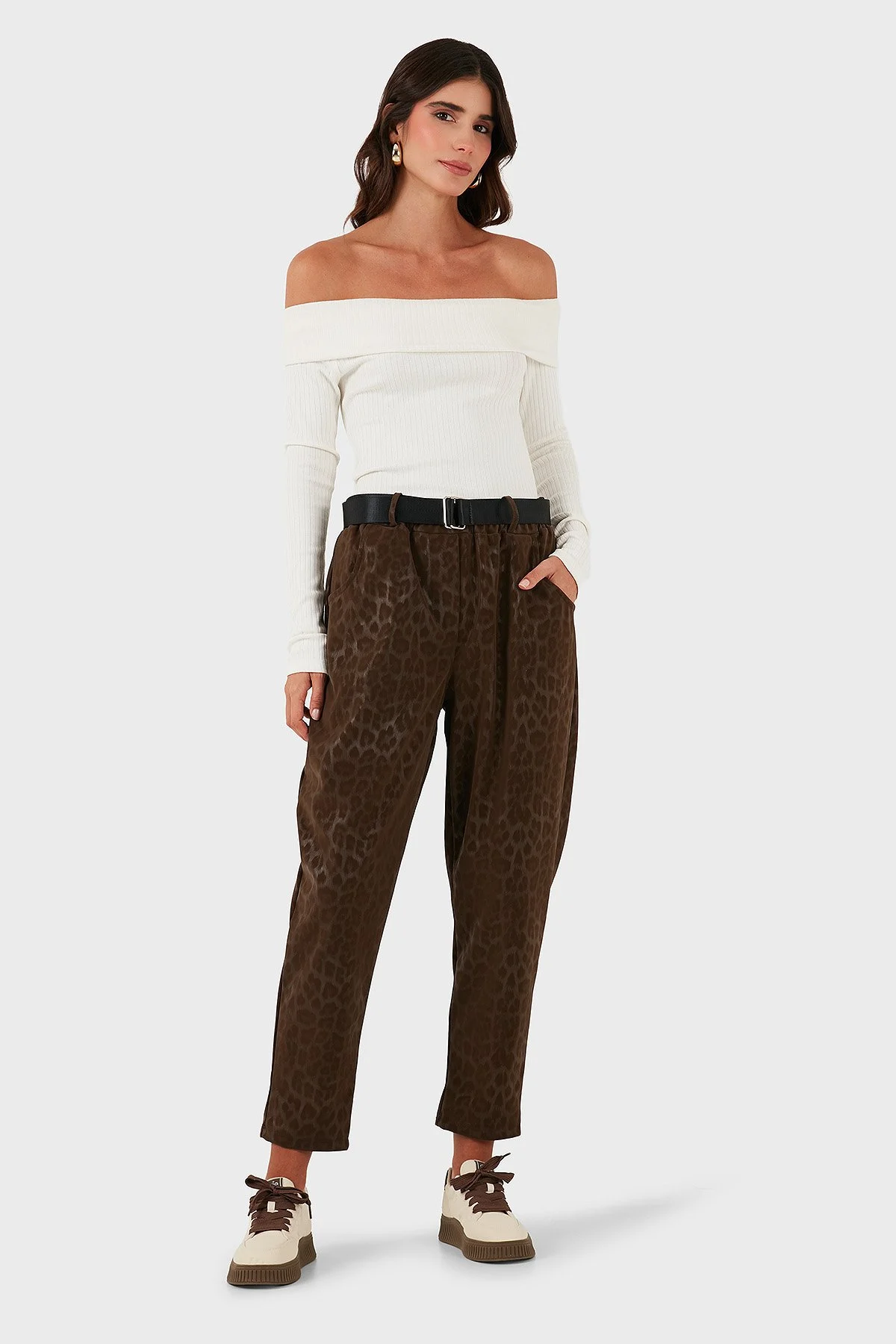 Via Dante Leopar Desenli Kemer Detaylı Relaxed Fit Yüksek Bel Bayan Pantolon 6888600 KAHVE - 1