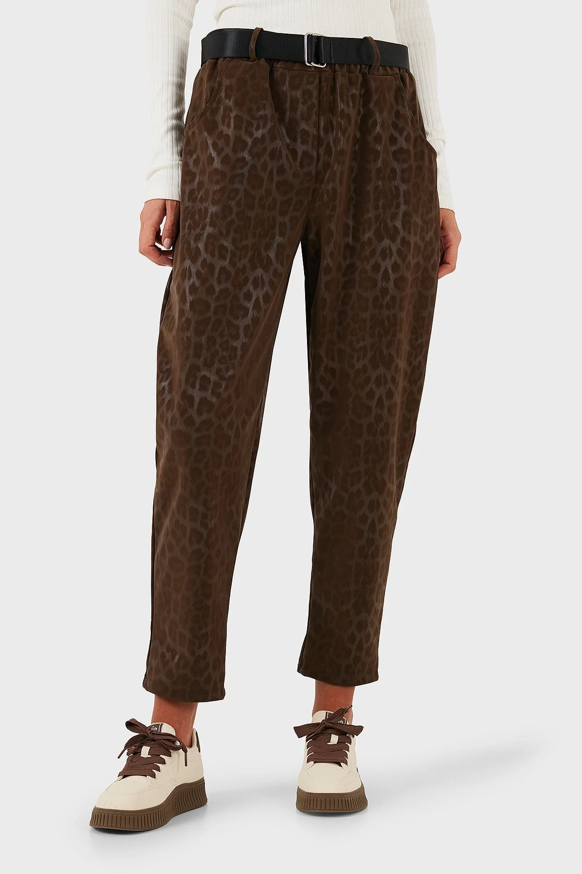 Via Dante Leopar Desenli Kemer Detaylı Relaxed Fit Yüksek Bel Bayan Pantolon 6888600 KAHVE - 4
