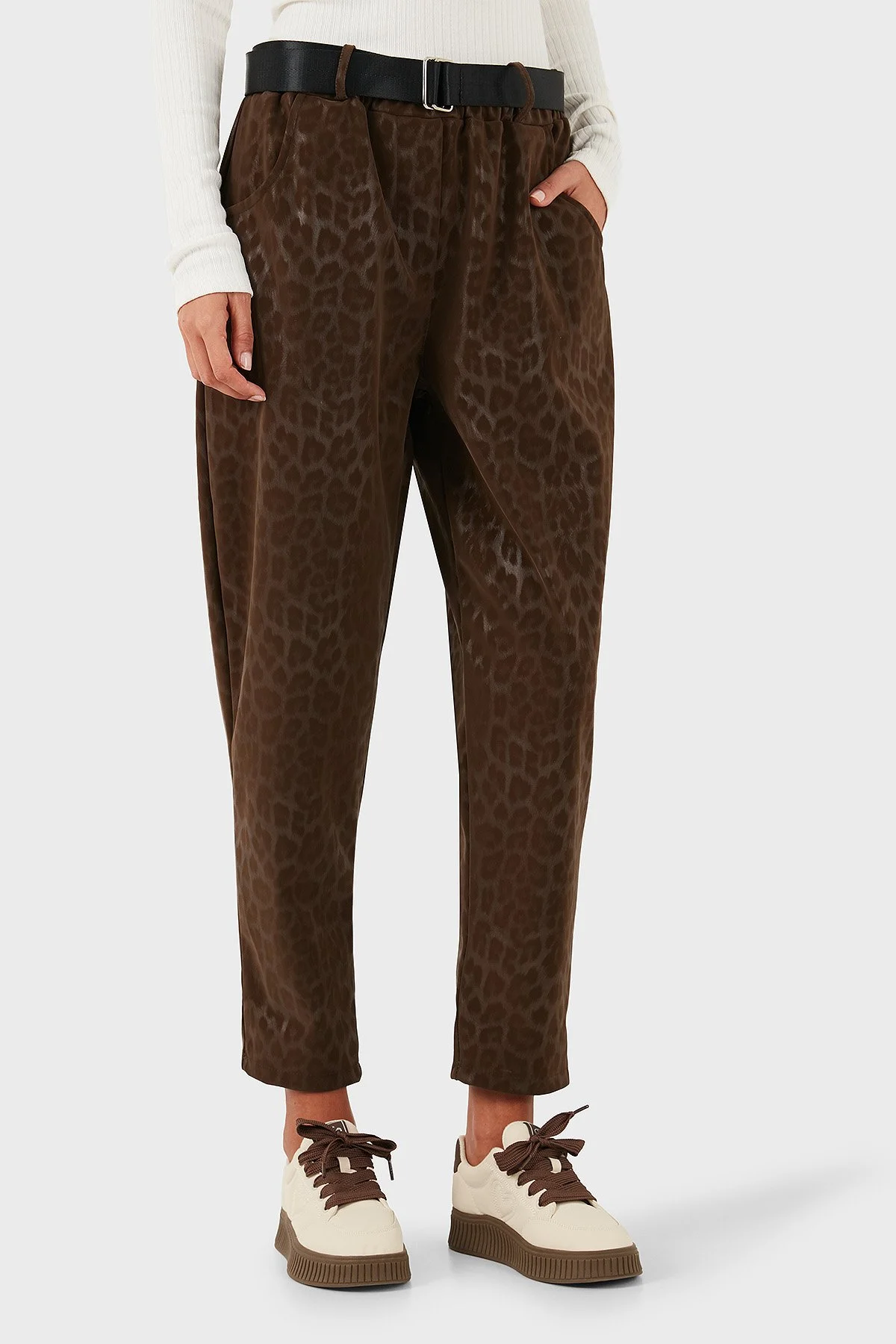 Via Dante Leopar Desenli Kemer Detaylı Relaxed Fit Yüksek Bel Bayan Pantolon 6888600 KAHVE - 5