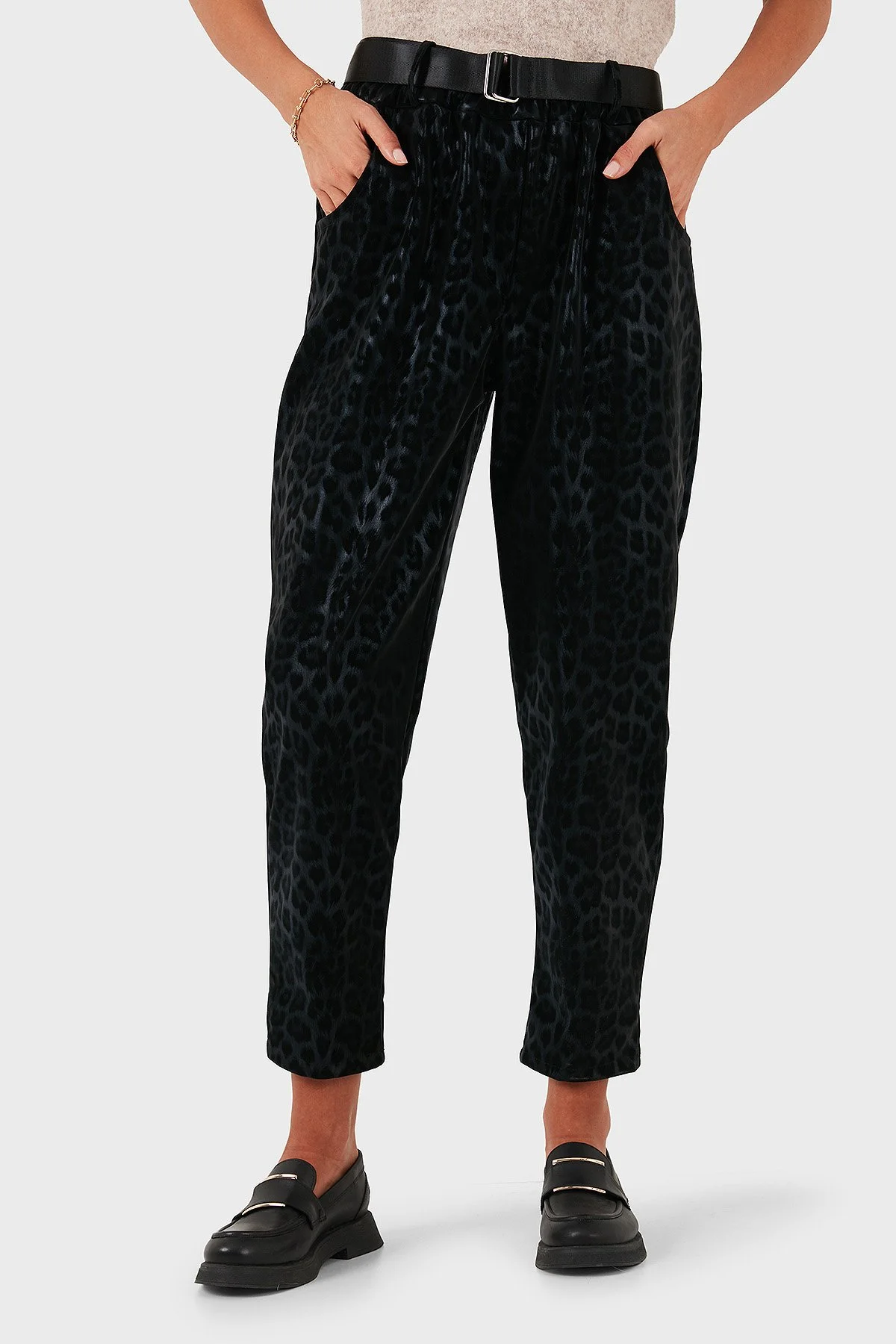 Via Dante Leopar Desenli Kemer Detaylı Relaxed Fit Yüksek Bel Bayan Pantolon 6888600 SİYAH - 5