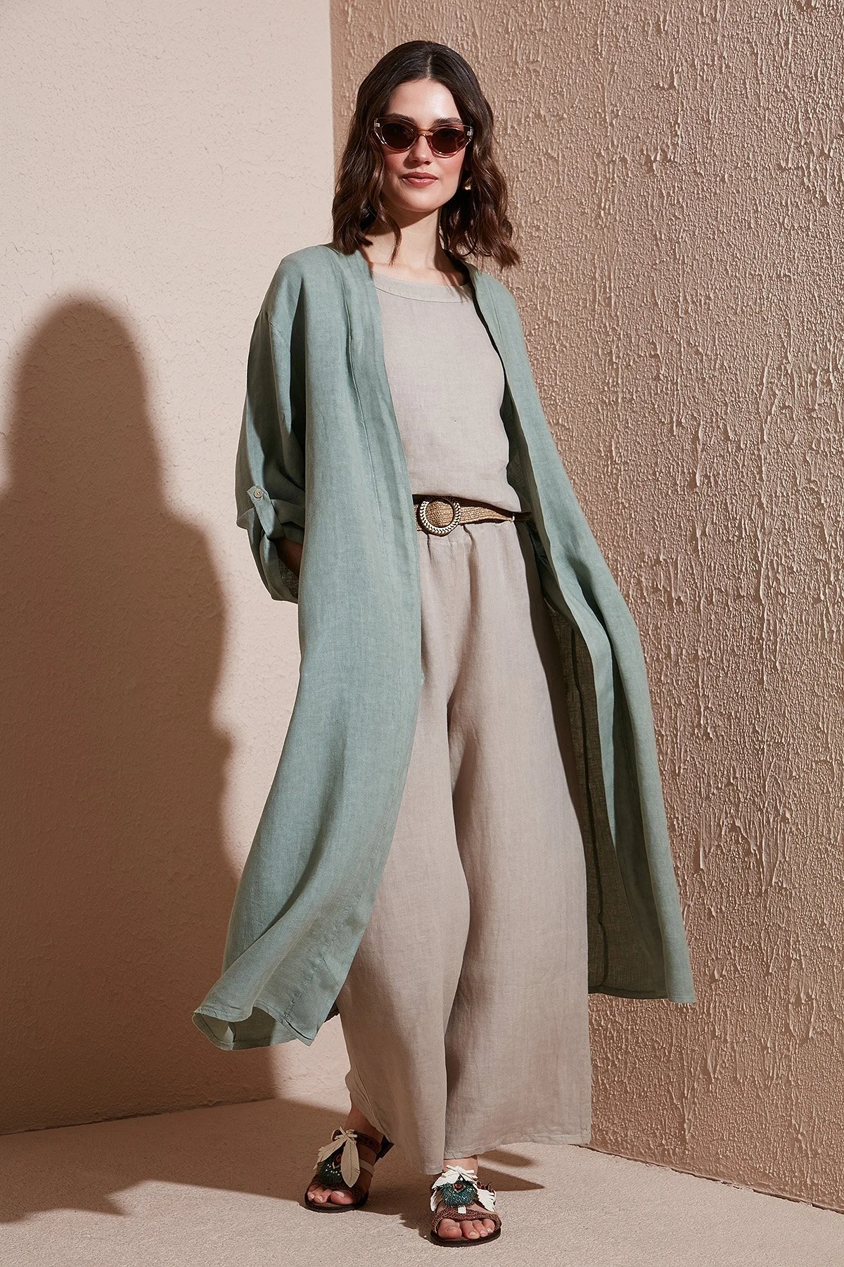 Via Dante Oversize Arkası Dantel Detaylı Uzun Keten Bayan Kimono 7183544 HAKİ - 9