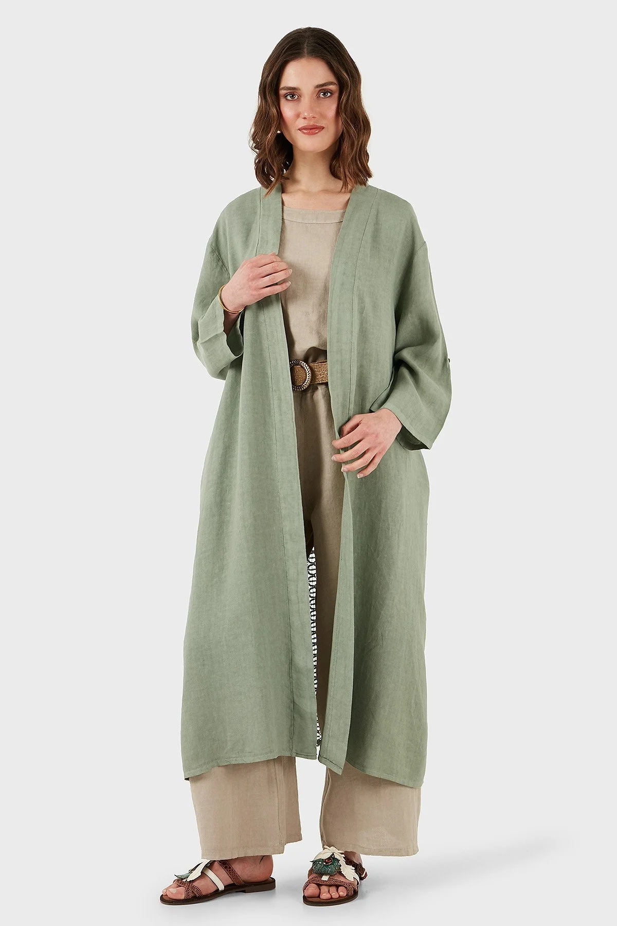 Via Dante Oversize Arkası Dantel Detaylı Uzun Keten Bayan Kimono 7183544 HAKİ - 11