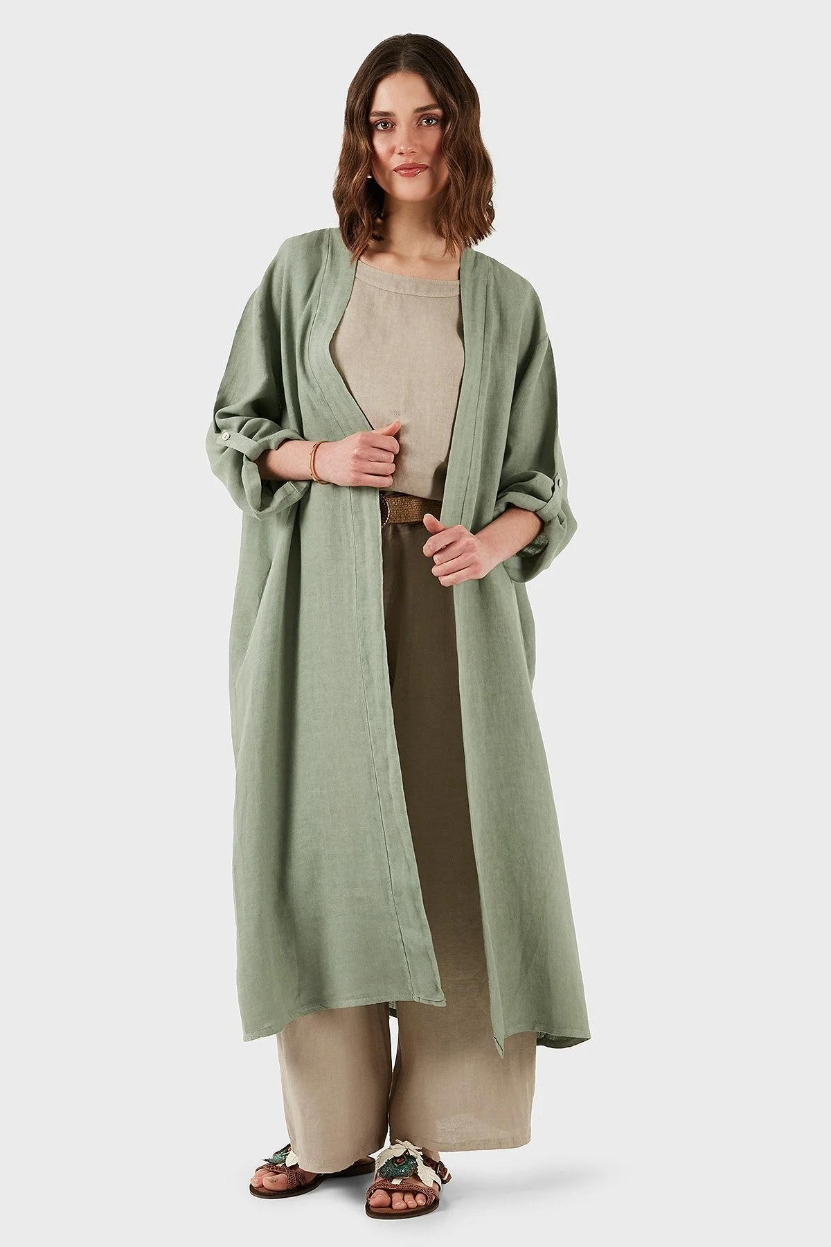 Via Dante Oversize Arkası Dantel Detaylı Uzun Keten Bayan Kimono 7183544 HAKİ - 12