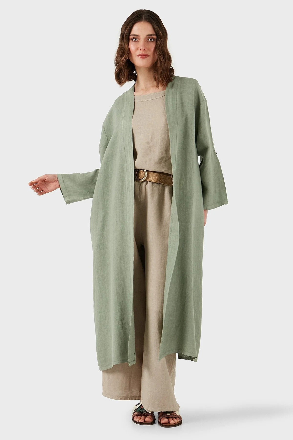 Via Dante Oversize Arkası Dantel Detaylı Uzun Keten Bayan Kimono 7183544 HAKİ - 13