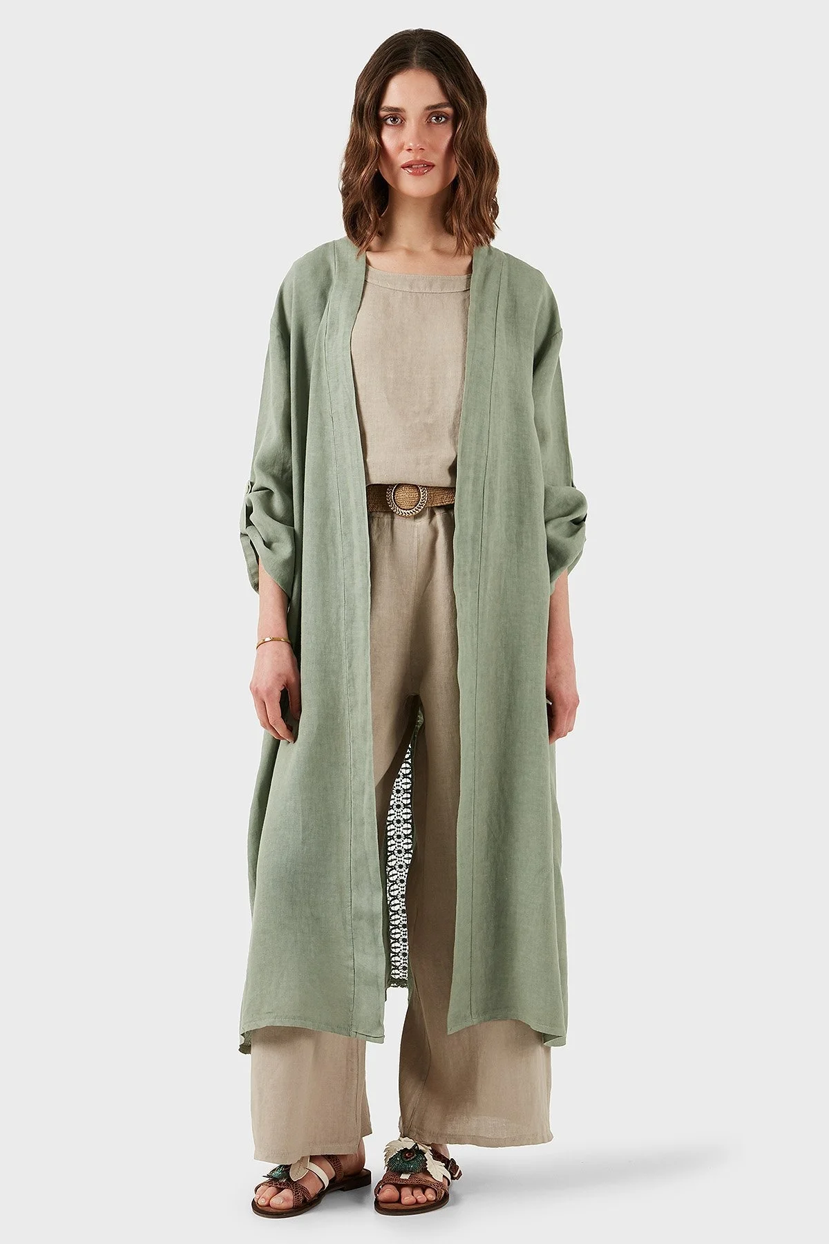 Via Dante Oversize Arkası Dantel Detaylı Uzun Keten Bayan Kimono 7183544 HAKİ - 14