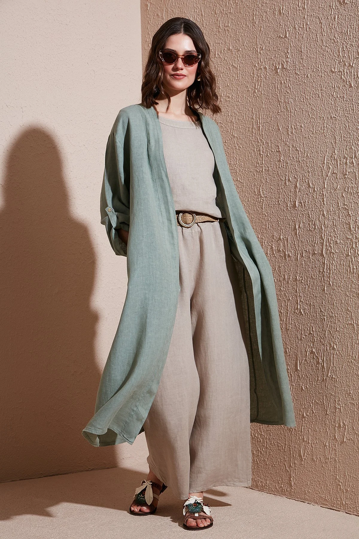 Via Dante Oversize Arkası Dantel Detaylı Uzun Keten Kadın Kimono 7183544 HAKİ - 2