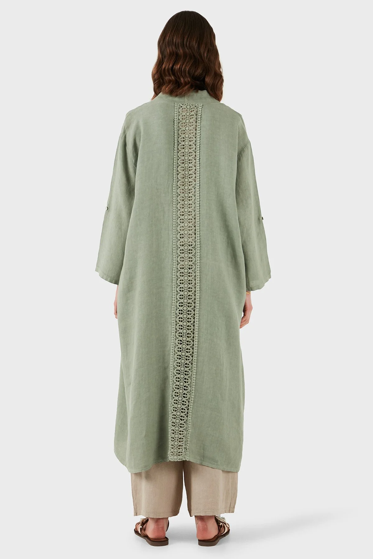 Via Dante Oversize Arkası Dantel Detaylı Uzun Keten Kadın Kimono 7183544 HAKİ - 3