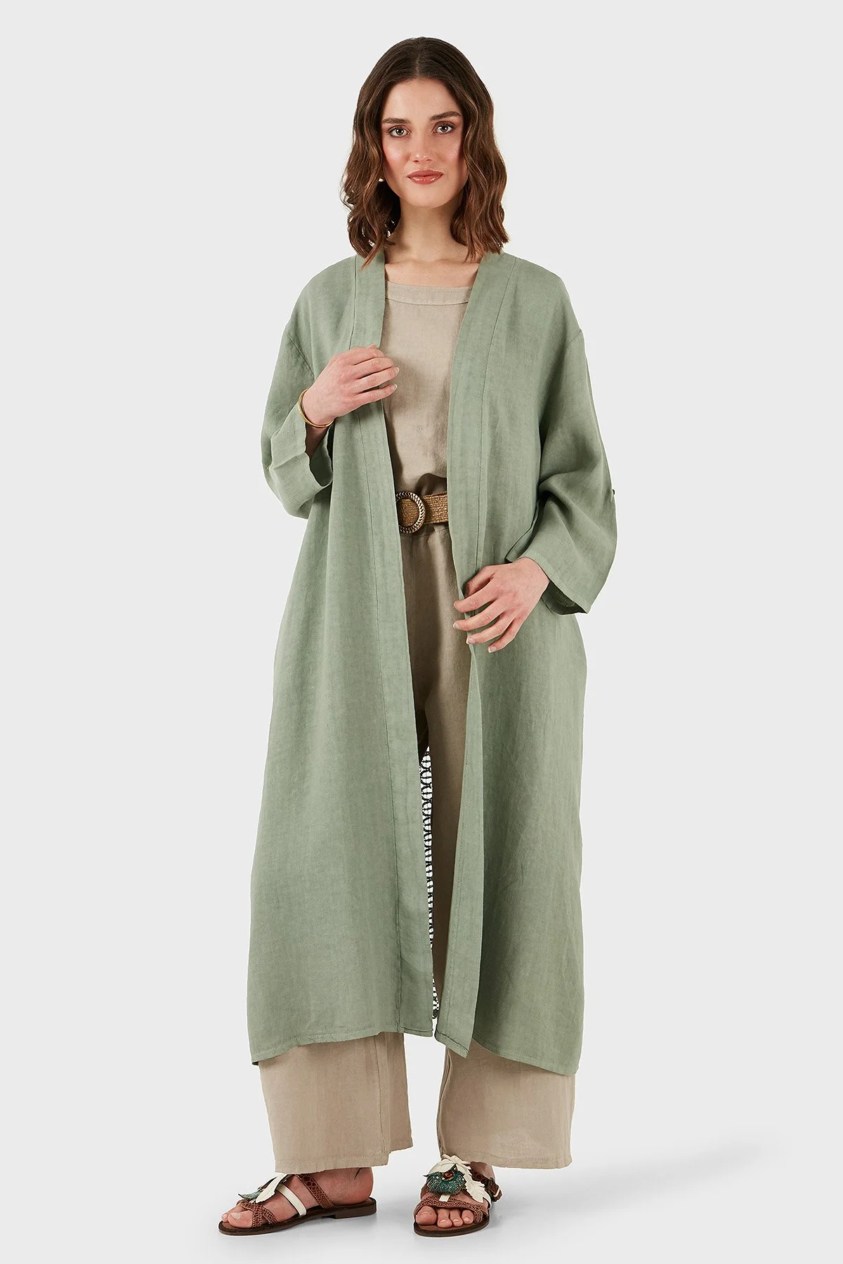Via Dante Oversize Arkası Dantel Detaylı Uzun Keten Kadın Kimono 7183544 HAKİ - 4