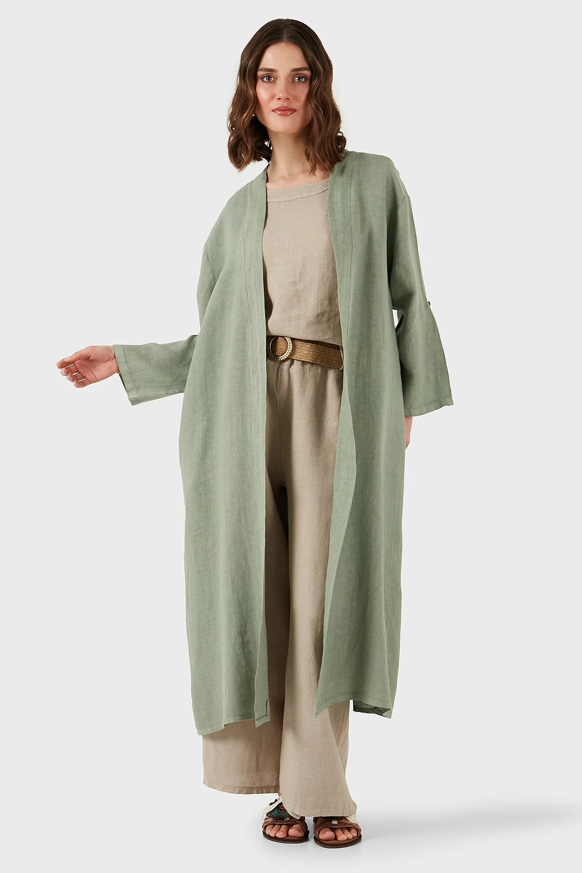 Via Dante Oversize Arkası Dantel Detaylı Uzun Keten Kadın Kimono 7183544 HAKİ - 6