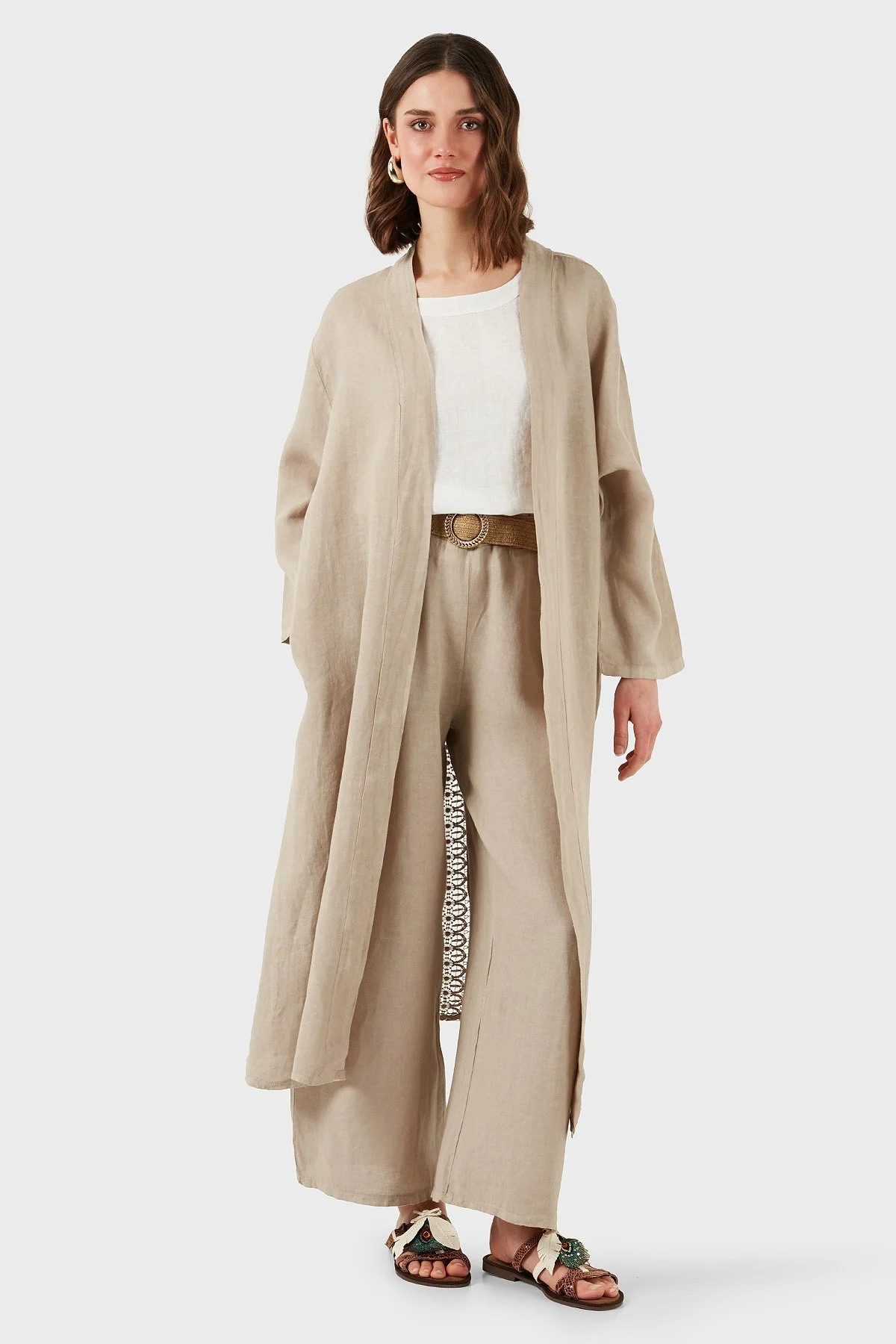 Via Dante Oversize Arkası Dantel Detaylı Uzun Keten Bayan Kimono 7183687 TAŞ - 11