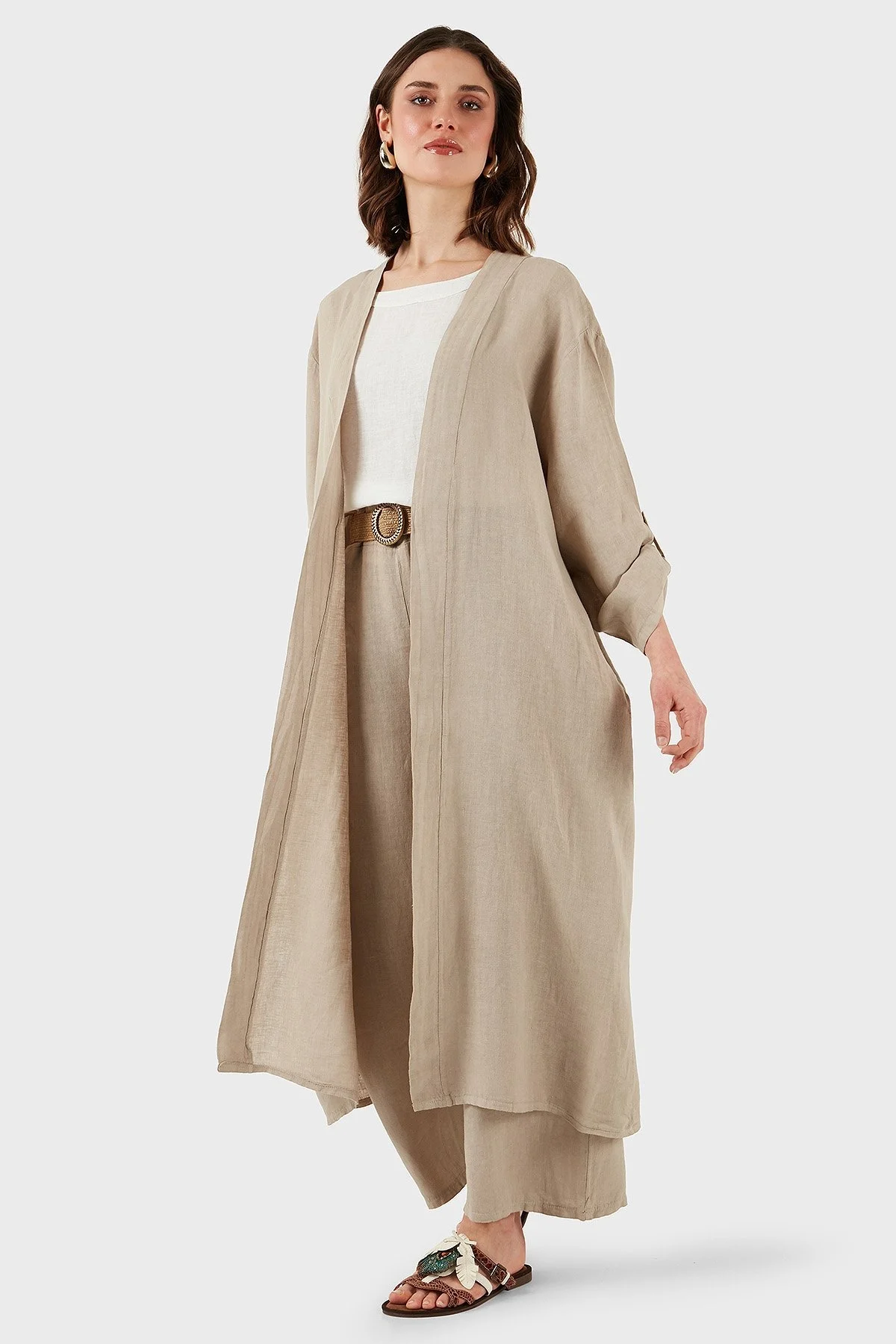 Via Dante Oversize Arkası Dantel Detaylı Uzun Keten Bayan Kimono 7183687 TAŞ - 12