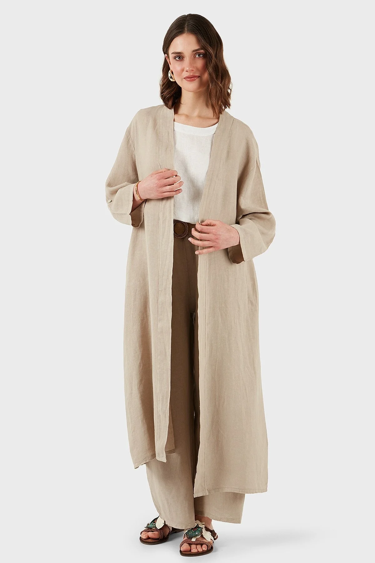 Via Dante Oversize Arkası Dantel Detaylı Uzun Keten Bayan Kimono 7183687 TAŞ - 13