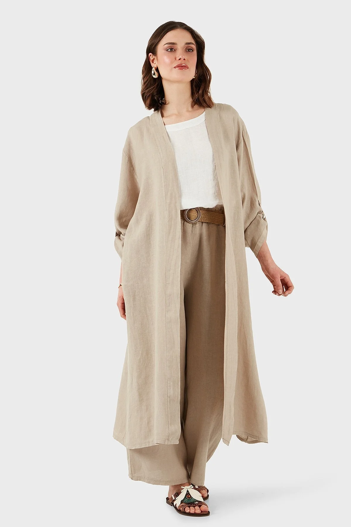 Via Dante Oversize Arkası Dantel Detaylı Uzun Keten Bayan Kimono 7183687 TAŞ - 14