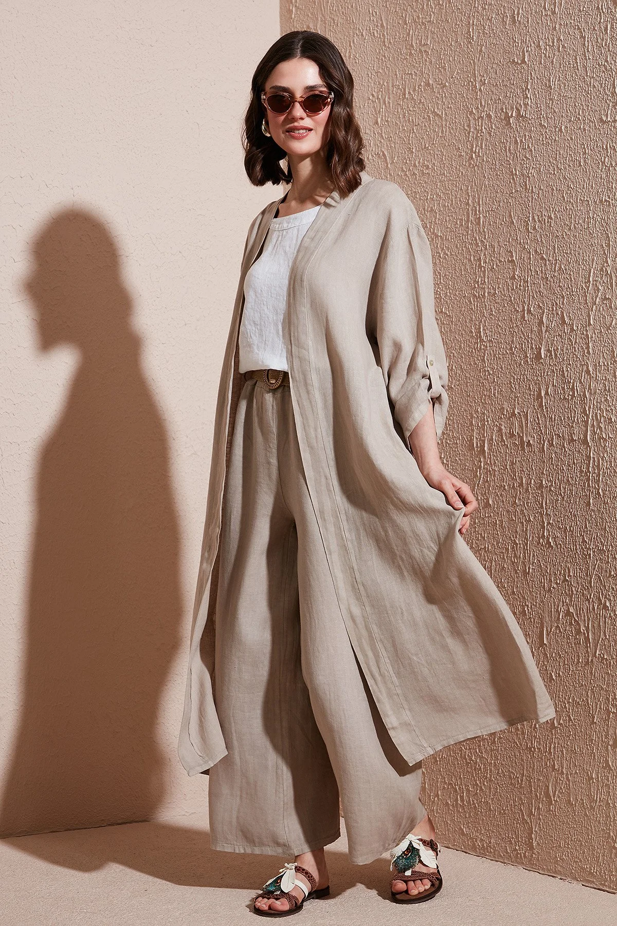 Via Dante Oversize Arkası Dantel Detaylı Uzun Keten Kadın Kimono 7183687 TAŞ - 2