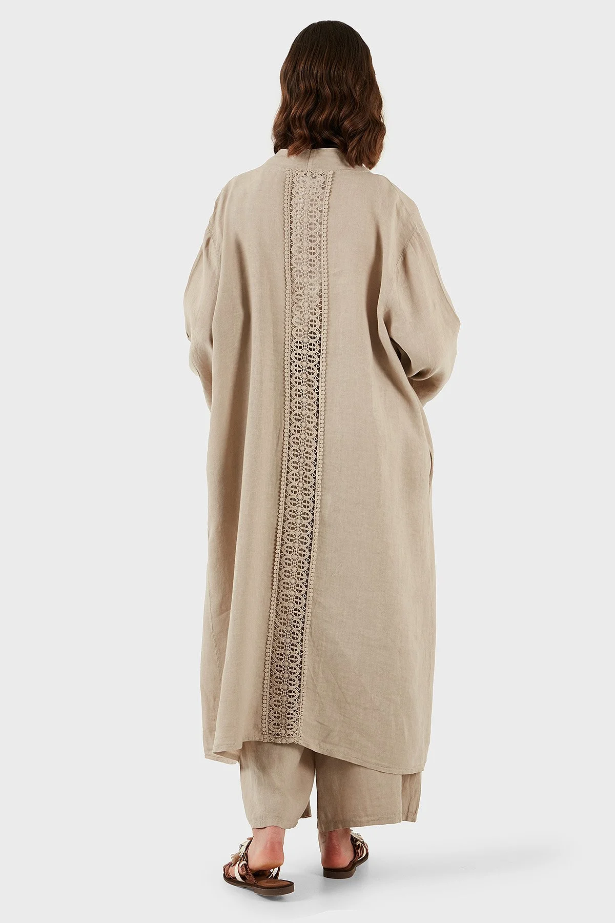 Via Dante Oversize Arkası Dantel Detaylı Uzun Keten Kadın Kimono 7183687 TAŞ - 3
