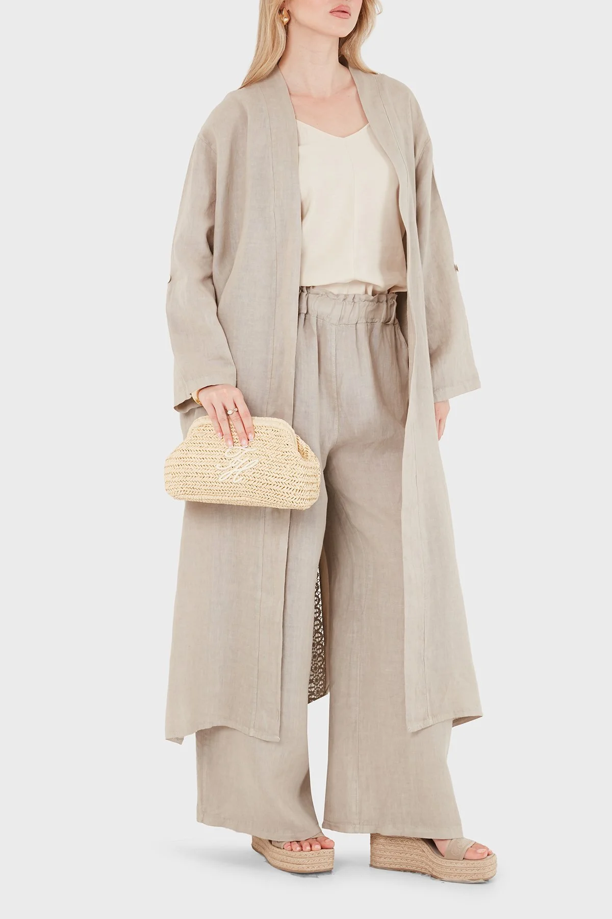 Via Dante Oversize Arkası Dantel Detaylı Uzun Keten Kadın Kimono 7183687 TAŞ - 1