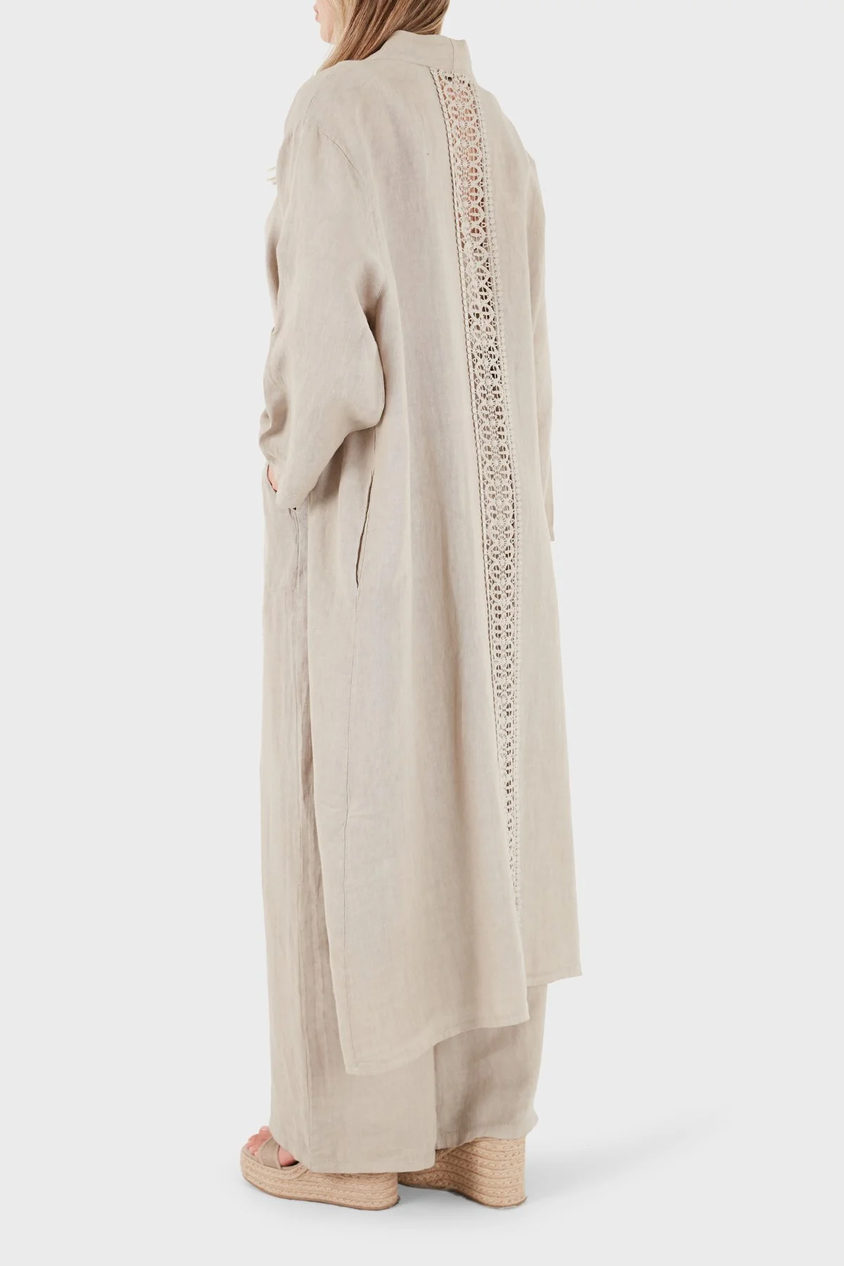 Via Dante Oversize Arkası Dantel Detaylı Uzun Keten Kadın Kimono 7183687 TAŞ - 3