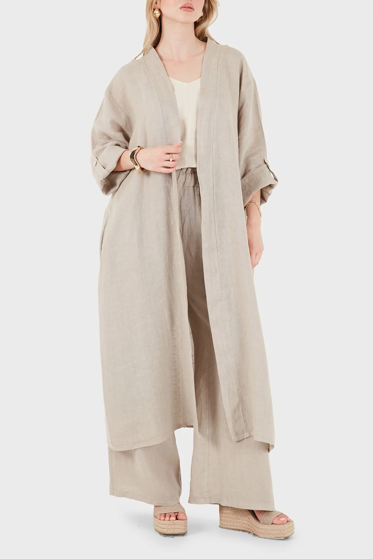 Via Dante Oversize Arkası Dantel Detaylı Uzun Keten Kadın Kimono 7183687 TAŞ - 4