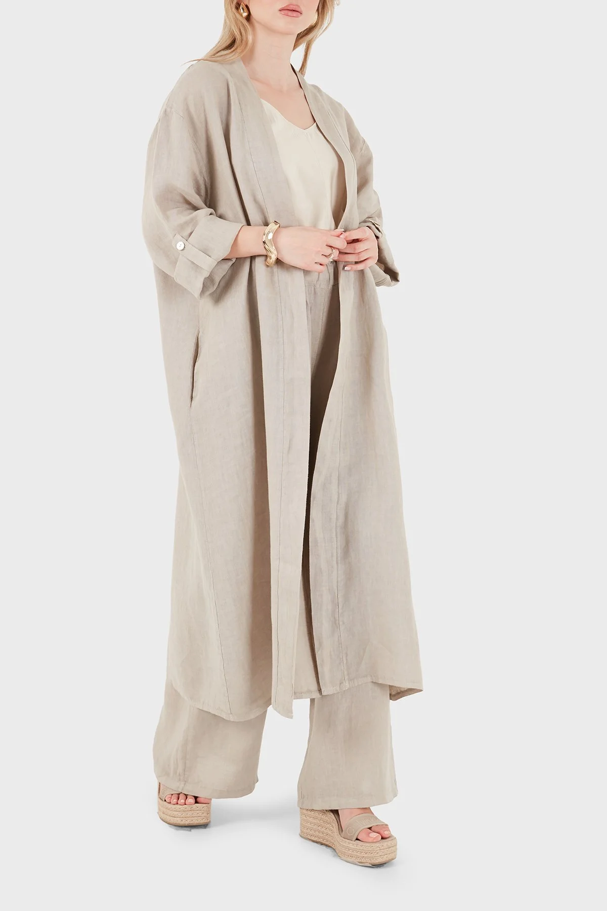 Via Dante Oversize Arkası Dantel Detaylı Uzun Keten Kadın Kimono 7183687 TAŞ - 5
