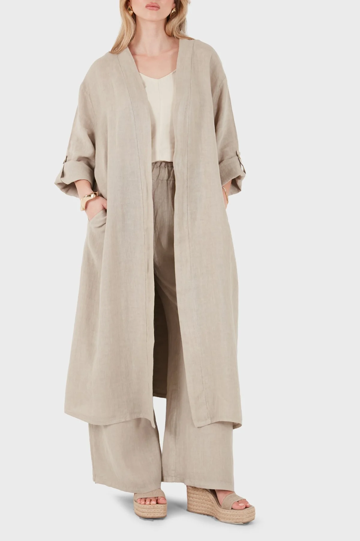 Via Dante Oversize Arkası Dantel Detaylı Uzun Keten Kadın Kimono 7183687 TAŞ - 6
