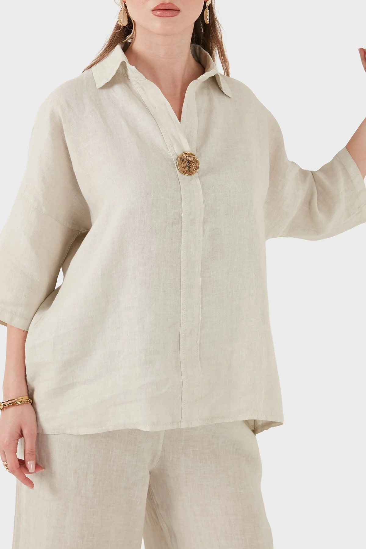 Via Dante Oversize Düğme Detaylı Keten Kadın Bluz 6617504 BEJ - 5