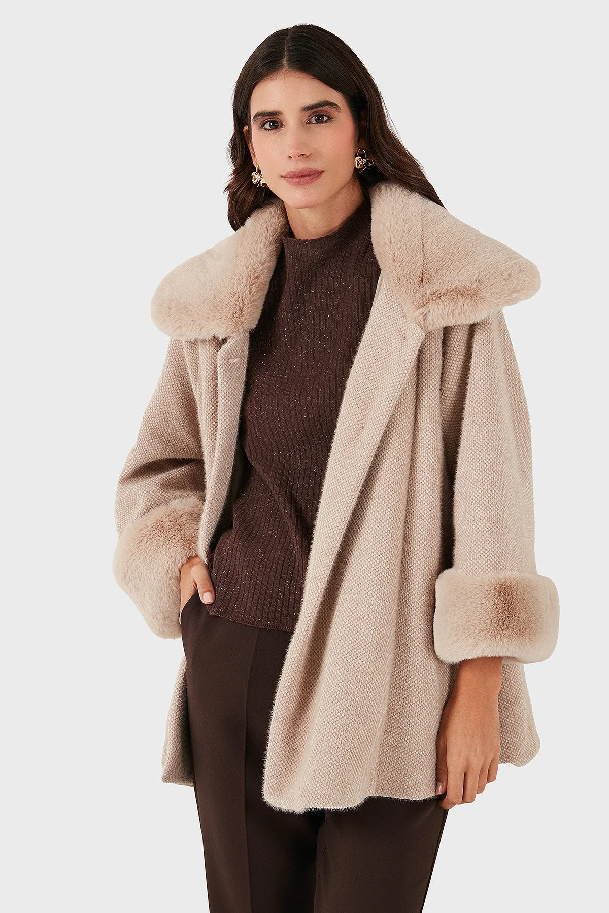 Via Dante Oversize Fit Ceket Yaka Düğmeli Kürk Bayan Mont 6858060 BEJ - 4