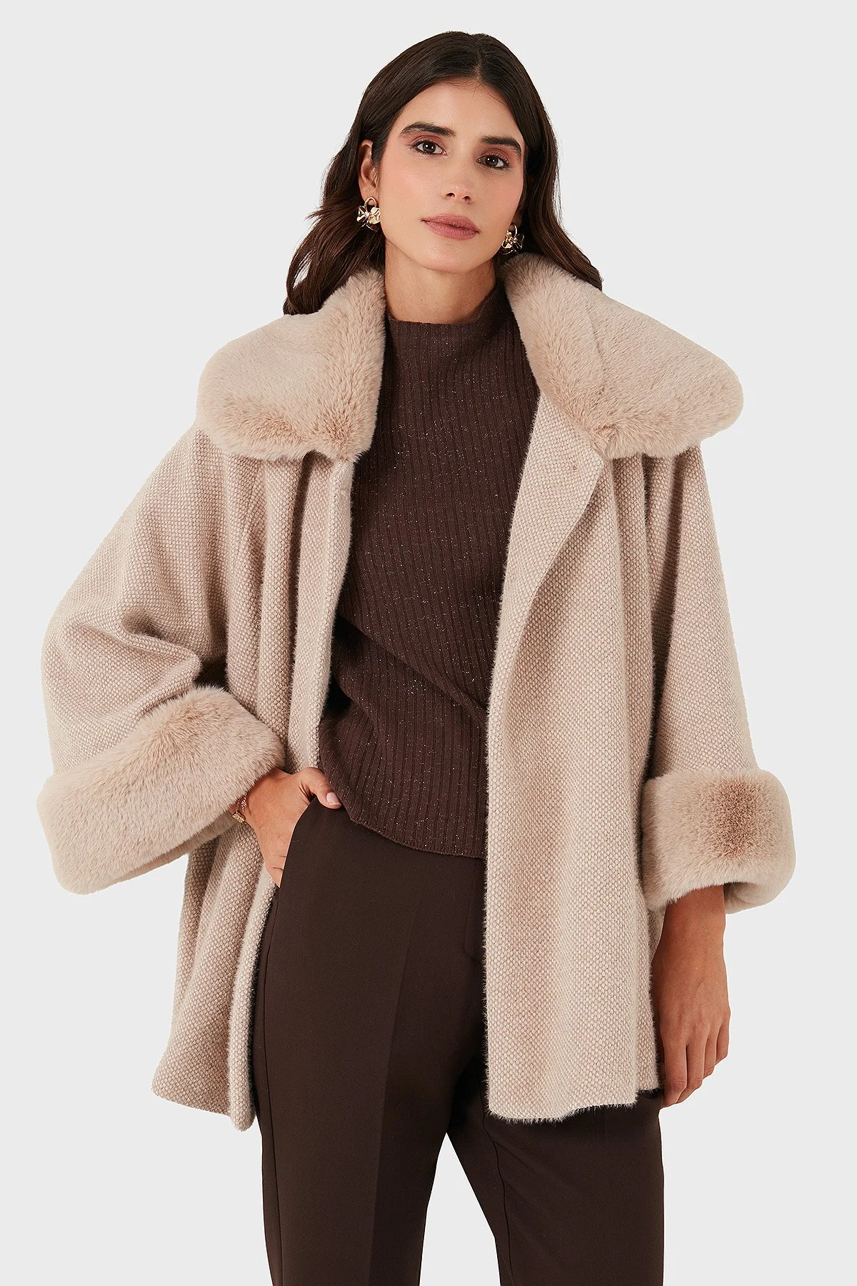 Via Dante Oversize Fit Ceket Yaka Düğmeli Kürk Bayan Mont 6858060 BEJ - 5