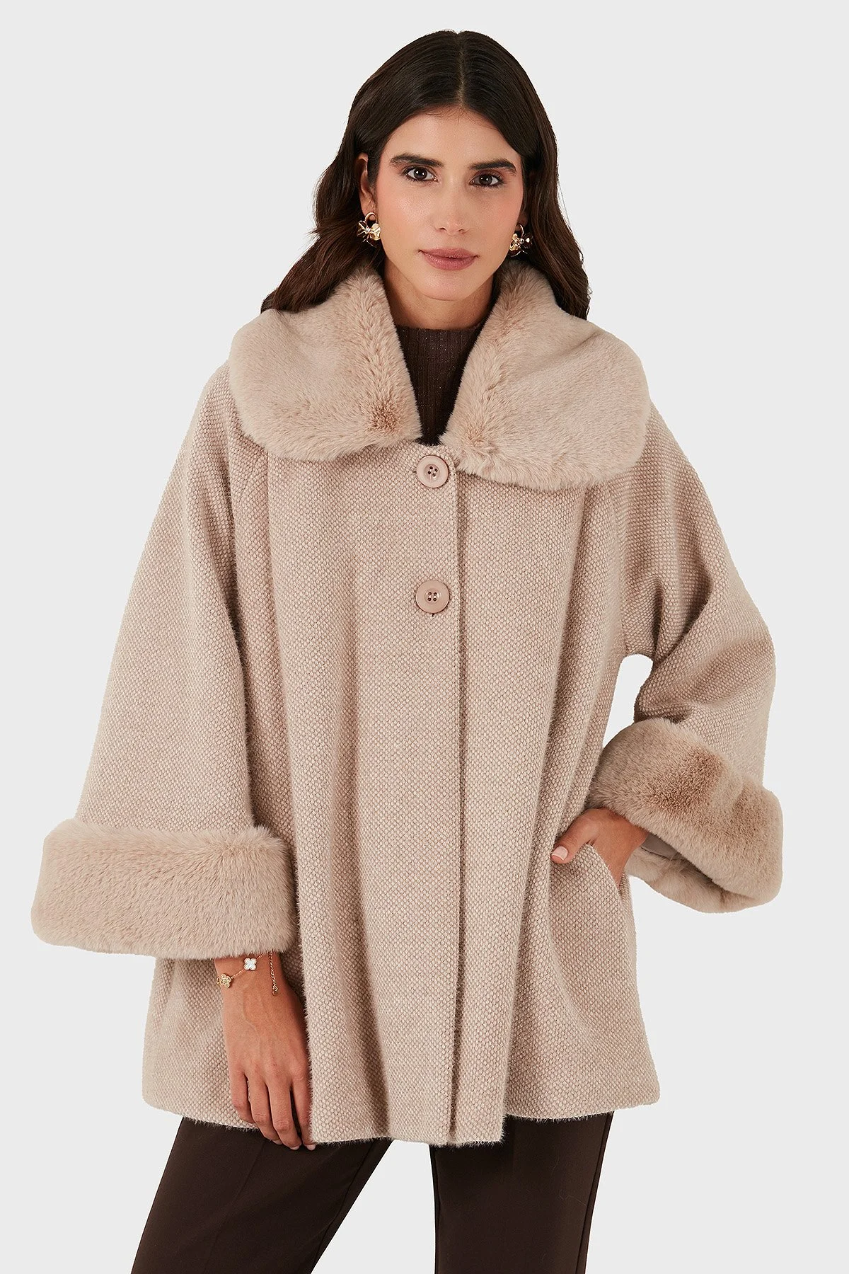 Via Dante Oversize Fit Ceket Yaka Düğmeli Kürk Kadın Mont 6858060 BEJ - 1