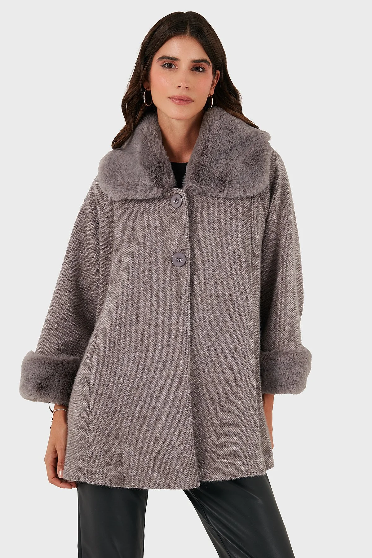 Via Dante Oversize Fit Ceket Yaka Düğmeli Kürk Bayan Mont 6858060 GRİ - 1