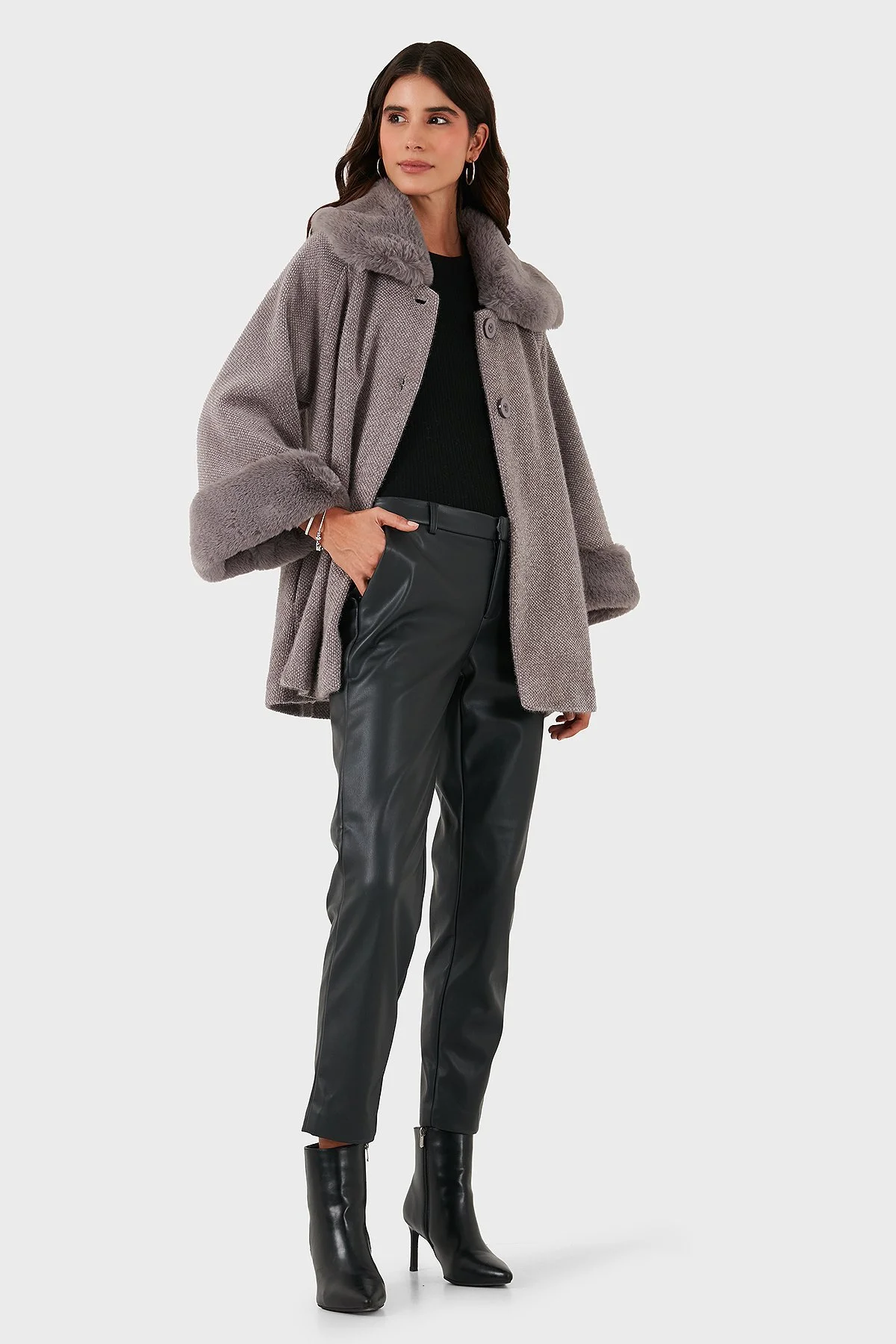 Via Dante Oversize Fit Ceket Yaka Düğmeli Kürk Bayan Mont 6858060 GRİ - 2