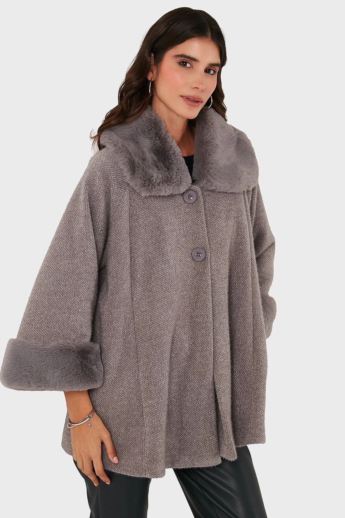 Via Dante Oversize Fit Ceket Yaka Düğmeli Kürk Bayan Mont 6858060 GRİ - 5