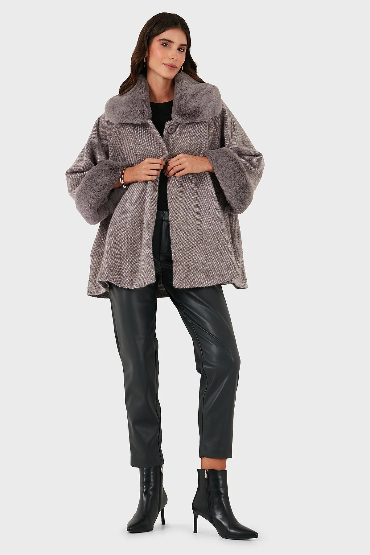 Via Dante Oversize Fit Ceket Yaka Düğmeli Kürk Bayan Mont 6858060 GRİ - 7